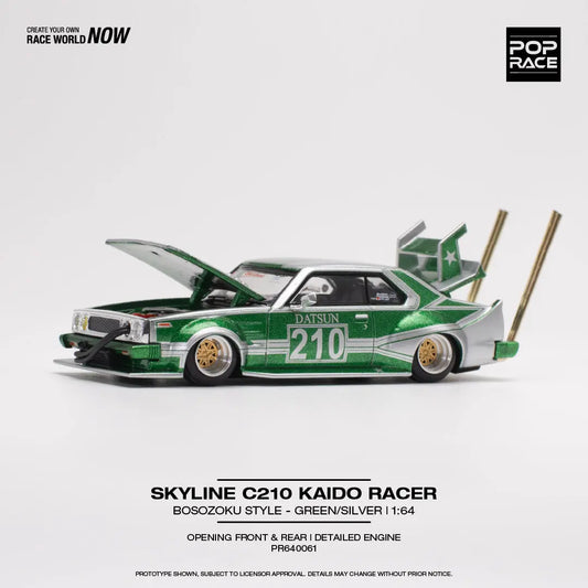 (Pre-Order) 1:64 | Pop Race - Skyline C210 Kaido Racer (Bosozoku Style) - Silver/Green Pop Race